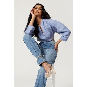 ALIETTE Nicole Blue Faux Leather Cropped Jacket Women's Size Medium M